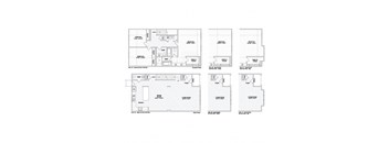 A set of four floor plans for a house with different configurations of bedrooms and living rooms.
