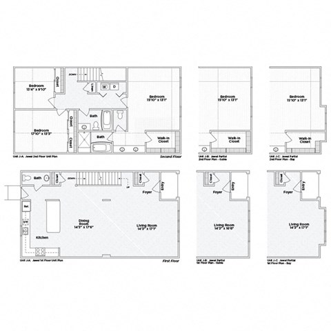 A set of four floor plans for a house with different configurations of bedrooms and living rooms.
