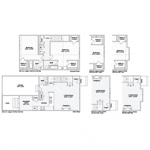 A set of four floor plans for a U.S. Legacy floor plan by First Step Home.