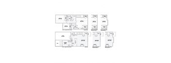 A set of six floor plans for a house with different configurations of a kitchen, living room, and bathroom.