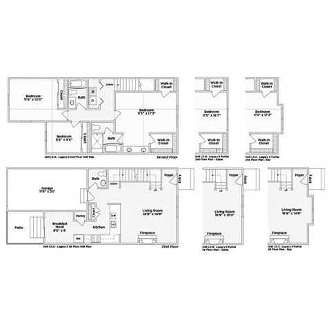 A set of six floor plans for a house with different configurations of a kitchen, living room, and bathroom.