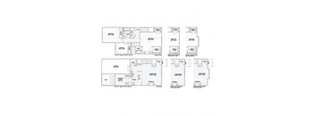 A set of six floor plans for a house with different configurations of a kitchen, living room, and bathroom.