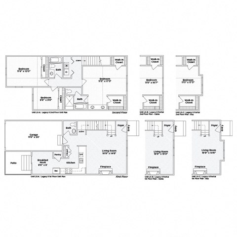 A set of six floor plans for a house with different configurations of a kitchen, living room, and bathroom.