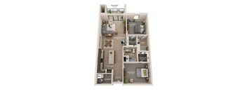 A floor plan of an apartment with a balcony, living room, dining room, kitchen, and three bedrooms.