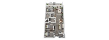 A floor plan of an apartment with a balcony, two bedrooms, a living room, a dining room, a kitchen, a laundry area, and a foyer.