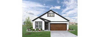 a home with a white siding and a brown garage door