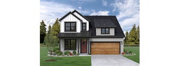 a home with a brown door and white siding and a brown garage door