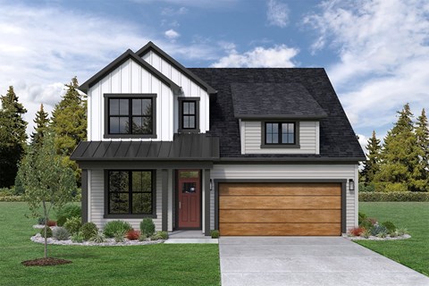 a home with a brown door and white siding and a brown garage door