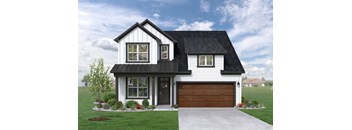 a home with white siding and a black roof