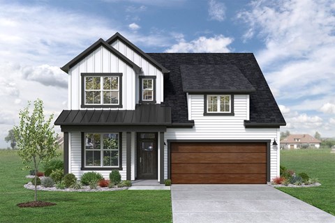 a home with white siding and a black roof