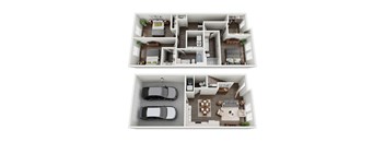 A floor plan of a home with three bedrooms, a living room, a kitchen, a dining room, and a garage.
