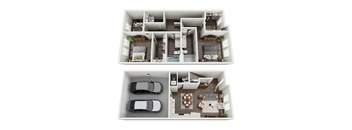 A floorplan of a two-bedroom apartment with a living room, kitchen, and bathrooms.