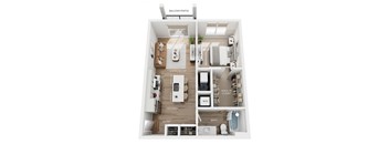 A floor plan of a small apartment with a living room, kitchen, entry, bath, and closet.