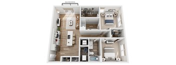 A floor plan of a small apartment with a living room, kitchen, bathroom, and bedroom.