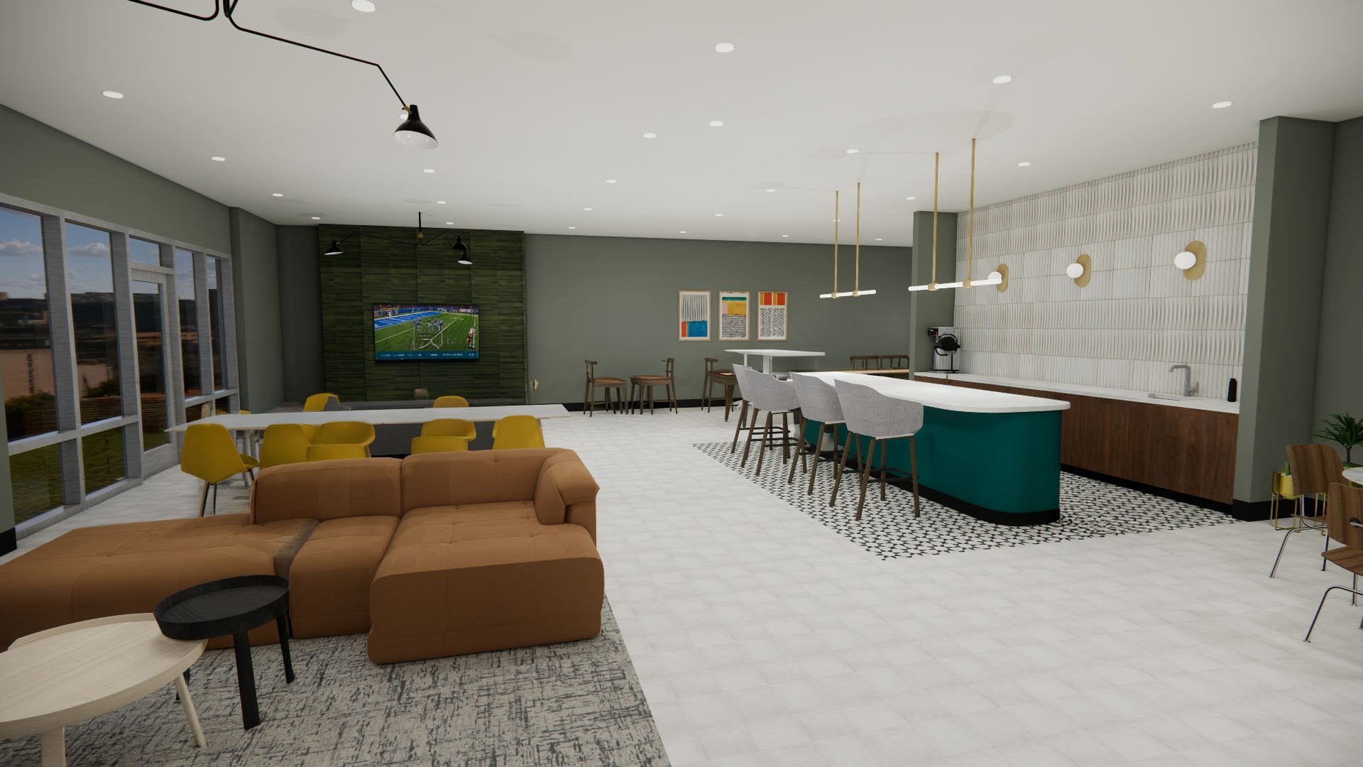 A modern room with a television, sofas, and a bar area.