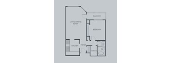 A floor plan of an apartment with a living/dining room, kitchen, foyer, bedroom, bathroom, and storage.