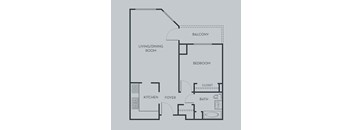 A floor plan of an apartment with a living/dining room, kitchen, foyer, bath, bedroom, and balcony.