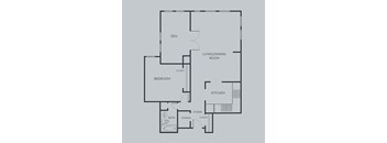 A floor plan of an apartment with a den, living/dining room, kitchen, bedroom, bathroom, and storage.