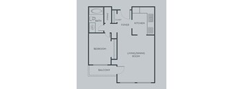 A floor plan of an apartment with a living/dining room, kitchen, foyer, bath, bedroom, and balcony.