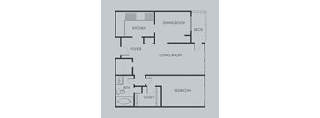 A floor plan of an apartment with a bedroom, living/dining room, kitchen, and bathroom.