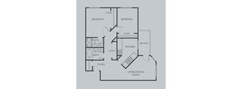 A floor plan of an apartment with two bedrooms, a living/dining room, kitchen, bathroom, foyer, and storage.