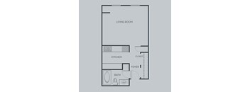 A floor plan of a studio apartment with a living room, kitchen, bathroom, and foyer.