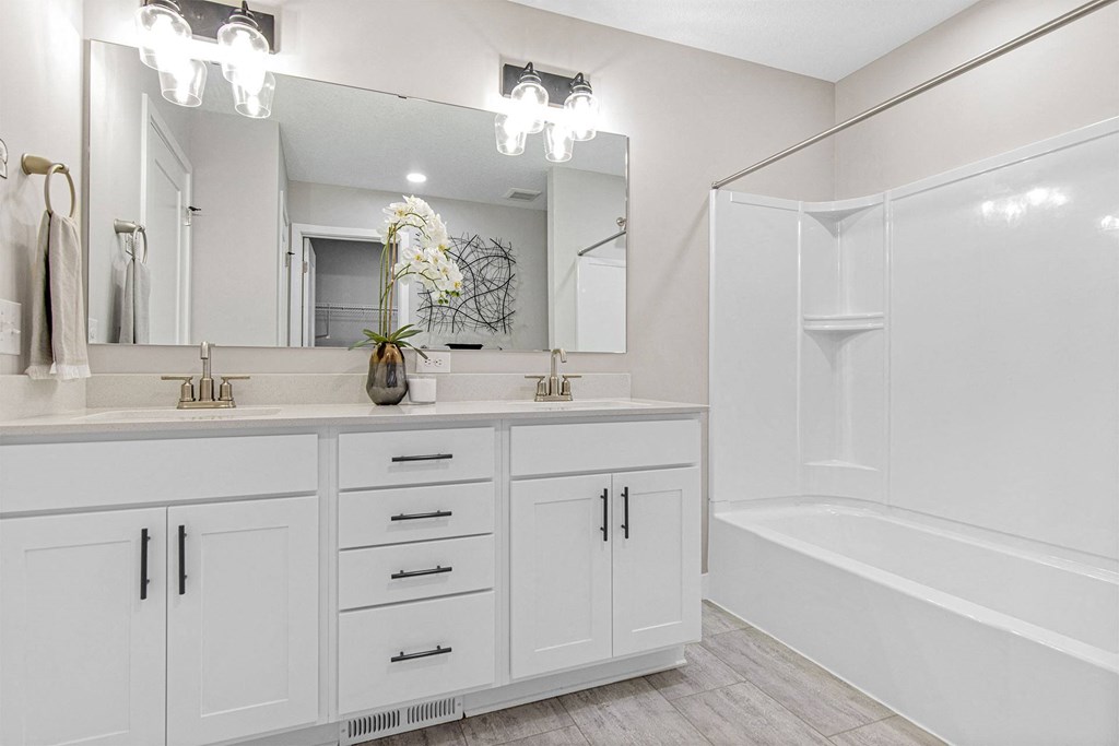 a bathroom with white cabinets and a white bathtub