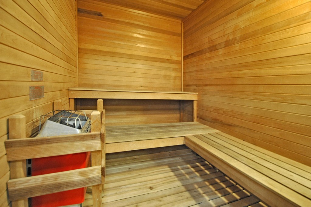 a sauna with wooden benches and a bed