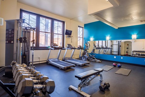 A gym with a variety of equipment including treadmills, dumbbells, and weight machines.