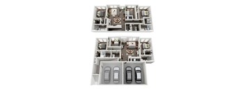 A floorplan of a home with 3-bedrooms, a kitchen, living room, bathrooms, and a garage.