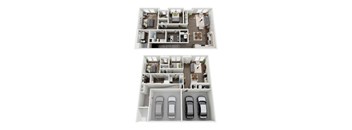 A floor plan of a home with two bedrooms, a living room, a kitchen, a dining room, and a garage.