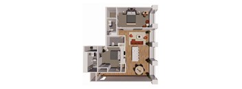 A 3D floor plan of a small apartment with a kitchen, living room, and bedroom.