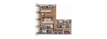 A 3D floor plan of a house with a kitchen, living room, and bathroom.