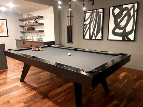 A pool table in a room with wooden floors and two abstract paintings on the wall.