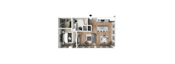 A floor plan of a modern apartment with a kitchen, living room, bedroom, and bathroom.