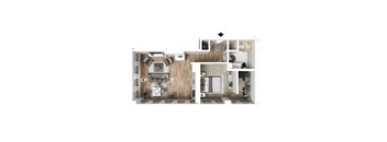 A floor plan of an apartment with a kitchen, living room, bedroom, and bathroom.