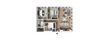 A floorplan of an apartment with a kitchen, living room, two bedrooms, and two bathrooms.