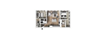 A floor plan of an apartment with two bedrooms, living room, kitchen, and two bathrooms.