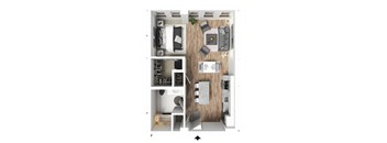 A top-down view of a modern apartment layout with a living area, kitchen, and bathroom.