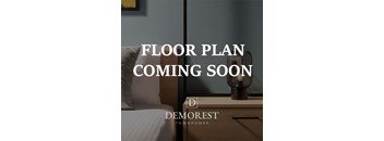 A bedroom with a bed, nightstand, and lamp, with text overlay announcing a floor plan coming soon.