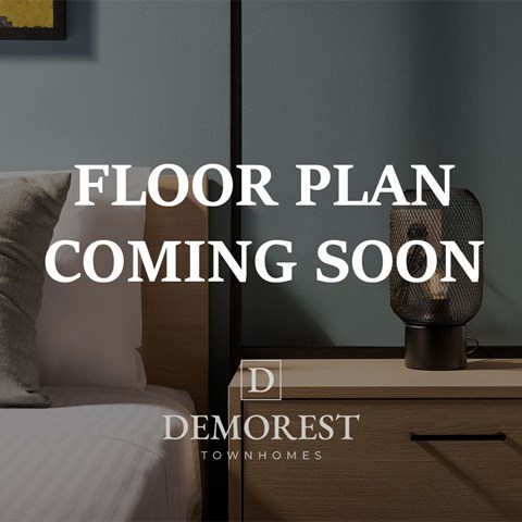 A bedroom with a bed, nightstand, and lamp, with text overlay announcing a floor plan coming soon.