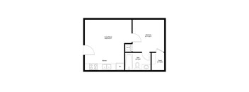 A floor plan of a small apartment with a living room, kitchen, bedroom, bathroom, and closet.