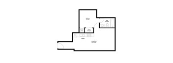 A floor plan of a house with a bedroom, bathroom, kitchen, and living room.