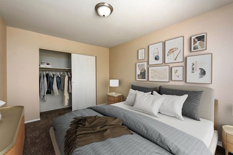 a bedroom with a bed and a closet