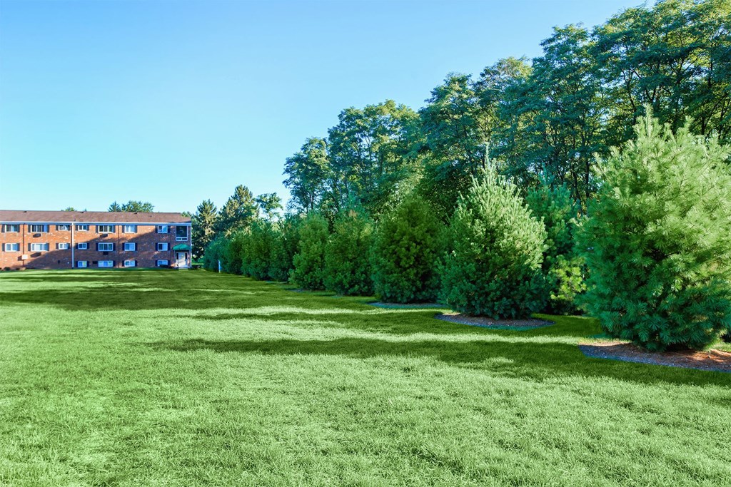 a green lawn with trees and a building in the background
