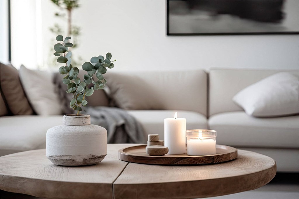 a living room with candles on a coffee table and a white couch