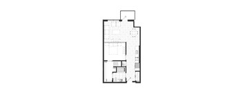 A black and white floor plan of an apartment with a kitchen, living room, bedroom, and bathroom.