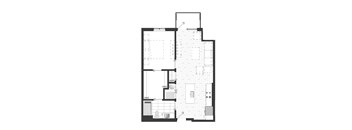 A black and white floor plan of an apartment with a kitchen, living room, bedroom, and bathroom.