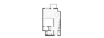 A black and white image of a floor plan of an apartment with a living room, bedroom, bathroom, and kitchen.