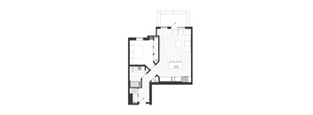 A floor plan of an apartment with a bedroom, living room, kitchen, and bathroom.